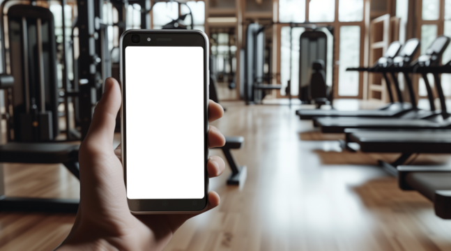 UI UX mockup image of smartphone with blank transparent screen, in hand by the gym with exercise equipment environment furnishings. For fitness apps and websites marketing. PNG background