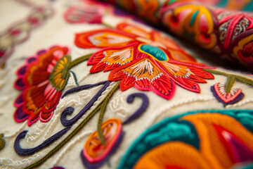 Fototapeta premium Intricate Embroidery on Traditional Russian Valenki Material, Cultural Artistry