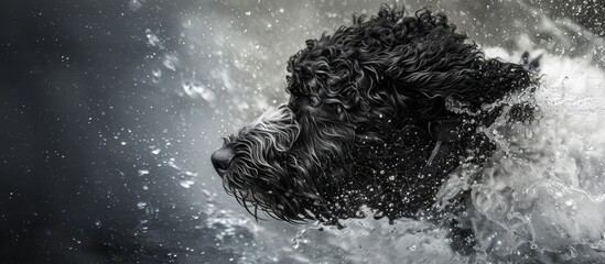 A black dog gracefully swims in the liquid element of water, accompanied by a serene sky, gentle wind waves, and fluffy cumulus clouds on the horizon.