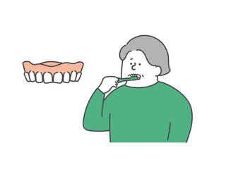 口腔ケアをする高齢女性と入れ歯のイラスト