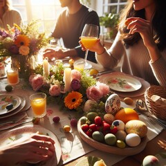 Close-up of a family gathering around a sunlit Easter brunch table adorned with fresh flowers and seasonal fruits Warm and convivial Ideal for Easter feast-themed designs  - obrazy, fototapety, plakaty