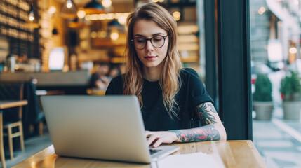 Fototapeta premium A young woman works at a laptop in a cozy cafe. Remote work and freelancing concept.