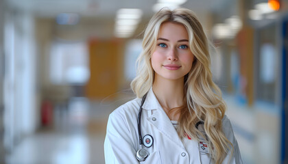 A smiling white female doctor in a white coat with a stethoscope standing on a blurred background of emergency room