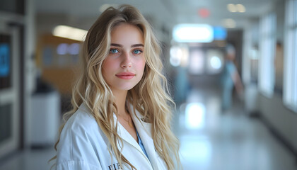 Fototapeta premium A smiling white female doctor in a white coat with a stethoscope standing on a blurred background of emergency room