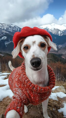 White Dog Wearing Red Hat and Scarf