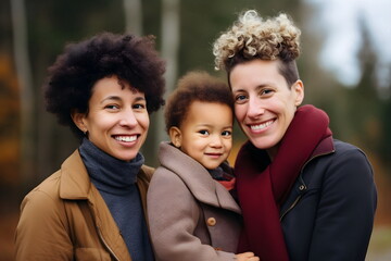 lesbian couple hug a child outdoor