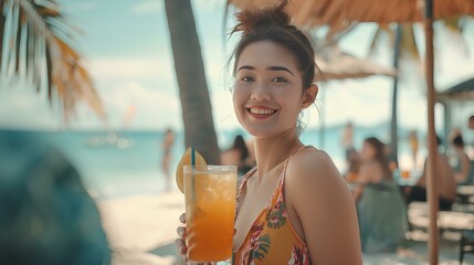 A beautiful young asian woman drinking cocktail happily with people at an open-air cafe on the tropical beach. generative AI - Powered by Adobe