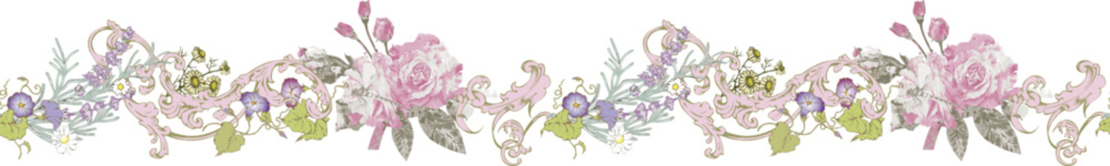 Victorian seamless floral border. Suitable for fabric, wrapping paper and the like - obrazy, fototapety, plakaty