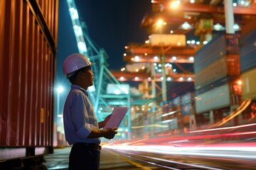 A transportation manager stands at the cargo terminal, holding the transportation plan in his hand and directing the loading and unloading of cargo.