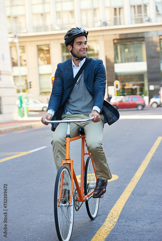 Poster Morning, commute and city road of businessman with bicycle for green and sustainable transportation. Cyclist, smile and bike for carbon footprint in New York by urban street with entrepreneur cycling