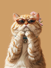 Painting of a Cat Wearing Sunglasses With a Flower in Its Hair