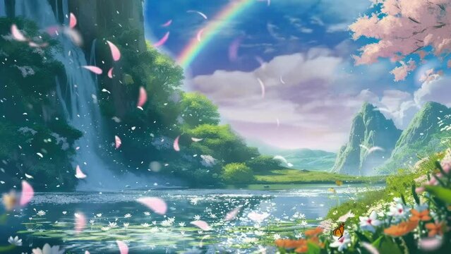 Nature's Canvas Unveiled: Waterfall, Trees, Lake, and Wildflowers Embrace the Arrival of Spring Rainbow. Animated fantasy background, watercolor painting illustration style, seamless looping 4K video