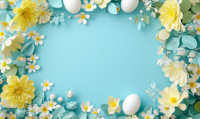 Easter background, flowers and easter eggs on blue background