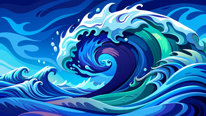 Abstract ocean wave texture in shades of blue, aqua, and teal, suitable for use as a web banner or graphic resource background, Generative AI.