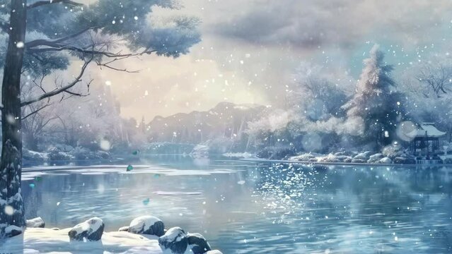 Winter Whispers: Japanese House by the Lake in a Serene White Landscape. Animated fantasy background, anime illustration style, seamless looping 4K video