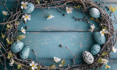 Easter frame, Easter Harmony: A Rustic Celebration on a blue wooden background