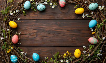 Easter Background Frame. A Frame Made out of Spring Still Life with Flowers and Easter Eggs on a wooden background. A Nest of Colorful Eggs and Blossoms