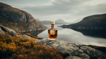 Fragrance perfume stand on stone against background of nature. Men perfume, concept of northern freshness, mountains and the sea. Glass bottle on a rock, rustic style. AI Generated - obrazy, fototapety, plakaty