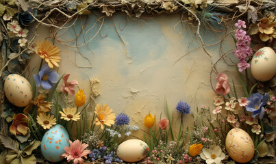 Easter Background Frame. A Frame Made out of Spring Still Life with Flowers and Easter Eggs