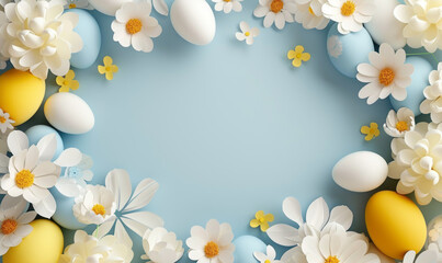 Easter Background Frame. A Frame Made out of Spring Still Life with Flowers and Easter Eggs on a light blue background.