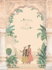 Card of Mughal Wedding Invitations. Save the date vector art invitation card design for printing.