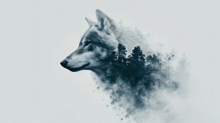 Silhouette of wolf in misty forest. Effect of overlapping frames. Mystical and mysterious natural...