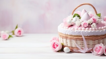 Easter cake on a light table background with beautiful flowers. Easter background for the spring holiday. A postcard with a place for the text.