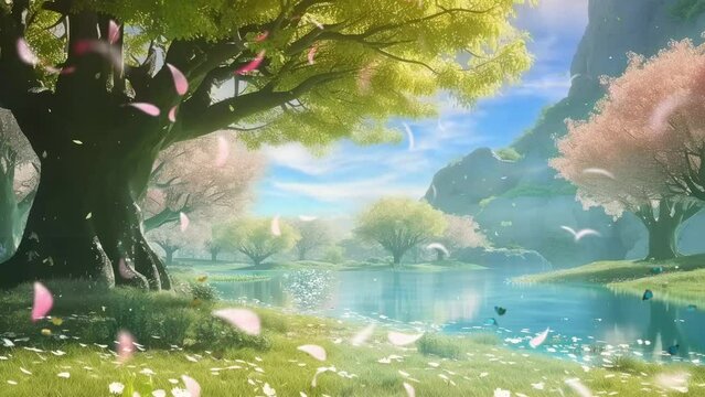 Cherry Blossom Bliss: A Sunny Spring Day by the Lake Invites Tranquility. Animated fantasy background, watercolor painting illustration style, seamless looping video