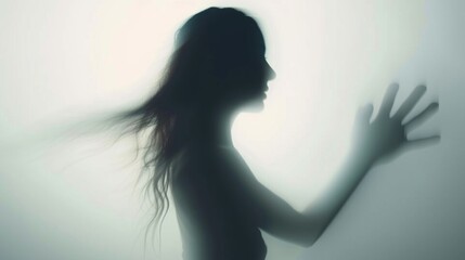 Female blurred silhouette on a white background. Elegant outline of a woman in motion out of focus
