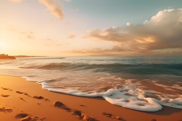 Golden Hour Beach: Soft golden sunlight casting a warm glow on a sandy beach, with waves gently crashing against the shore.