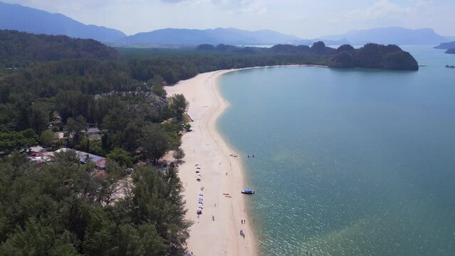 Island Langkawi Tanjung Rhu Beach malysia. Fabulous aerial top view flight drone