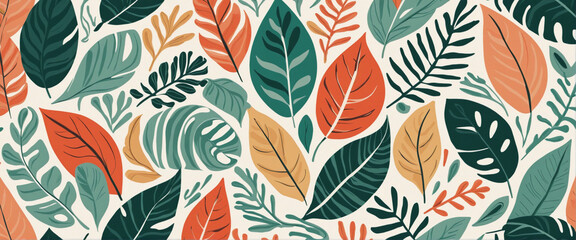 Abstract leaf cutout shapes seamless pattern set. Trendy colorful leaves collage shape background design collection. Contemporary art decoration wallpaper, organic nature symbol texture print.