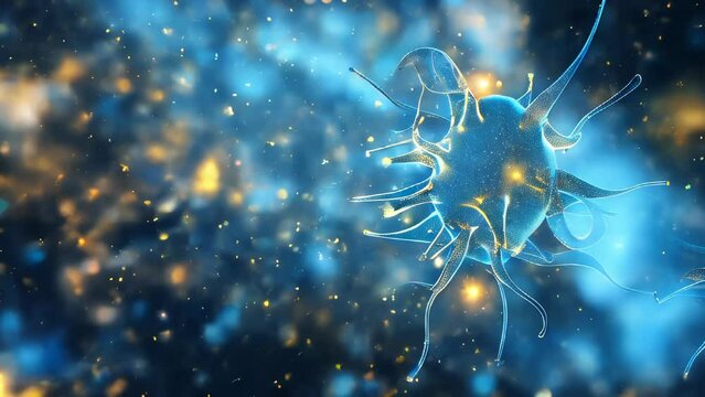 Multiple neurons connecting with each other, transmitting and receiving signals via synapses, against a backdrop scattered with star-like lights
