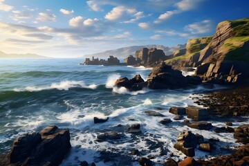Fototapeta na wymiar Rocky Coastline: Dramatic cliffs and rocks along the coastline, with waves crashing against the rugged shore.