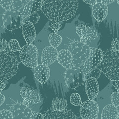 Cactus Boho Seamless Pattern. Wild West motifs endless texture with cacti, mountains. Vector illustration in retro minimal style. Cacti repeat background print.