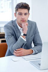 Naklejka premium Portrait, thinking and business with man, laptop and confident guy in a workplace and accountant. Face, person or broker with computer or internet with opportunity and problem solving with connection