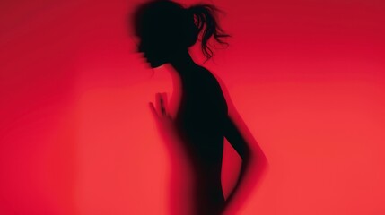 Female blurred silhouette on a red background. Elegant outline of a woman in motion out of focus