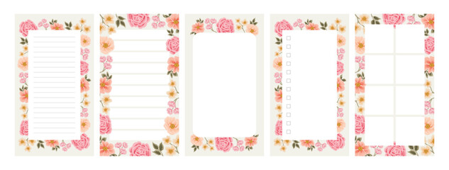 Collection of floral planner template for daily notepad, weekly schedule, agenda, memo, to do list, organizer, checklist, decorated with colorful flower and nature elements - obrazy, fototapety, plakaty