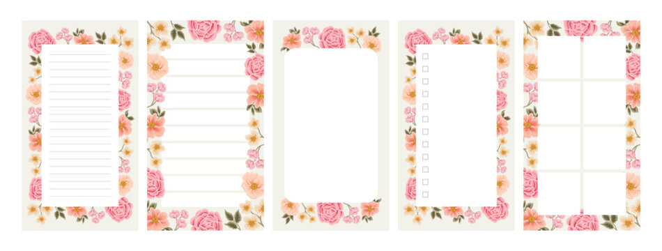 Collection of floral planner template for daily notepad, weekly schedule, agenda, memo, to do list, organizer, checklist, decorated with colorful flower and nature elements