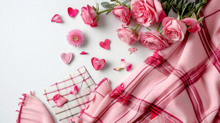 Bouquet of pink roses with pink plaid design fabric pattern cloth on a light background with copy space for text, Mother's Day Greetings and wishes, AI generated