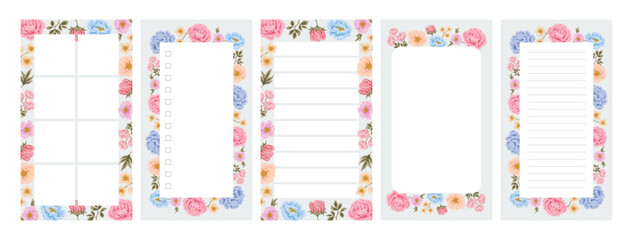 Collection of floral planner template for daily notepad, weekly schedule, agenda, memo, to do list, organizer, checklist, decorated with colorful flower and nature elements