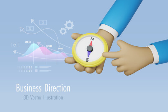 Businessman holding compass navigation searching for business growth and direction. Business tool to analyze sale and marketing strategy. 3D vector.
