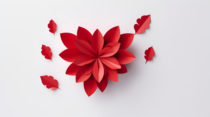 One red paper flower origami plant on a white background,paper art and craft for greetings and celebrations with copy space, AI-generated