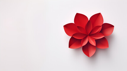One red paper flower origami plant on a white background, paper art and craft for greetings and celebrations with copy space, AI-generated