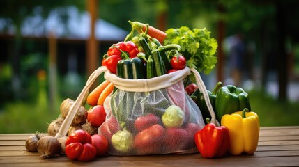 A shopper's bag filled with fresh vegetables demonstrating a healthy lifestyle. A bag made of eco-friendly material on a wooden surface in the garden or vegetable garden.