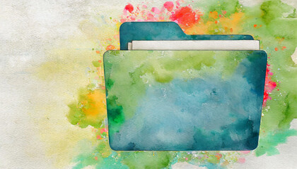 Folder PC icon, watercolor art, canvas background, copy space on a side