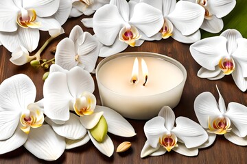Fototapeta na wymiar Spa candle and white orchid