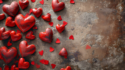 Romantic hearts love background, A heart-shaped pile of red hearts on a brown background with copy space for greetings and text, AI-generated