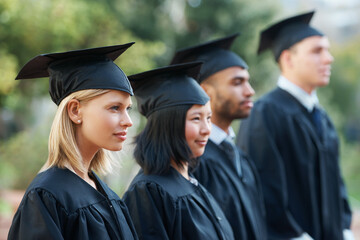 Row, graduation and students in college or university to celebrate school diploma or degree. Diversity, graduate scholarship or proud women with men or education certificate in line at ceremony event