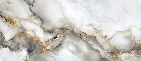 A detailed view of a white marble texture featuring intricate gold veins, reminiscent of geological phenomena in nature.